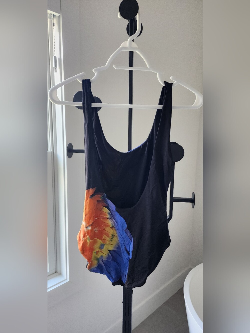 Onia Kelly One Piece Black Swimsuit with Blue, Orange & Yellow Feather Size S - Picture 4 of 8